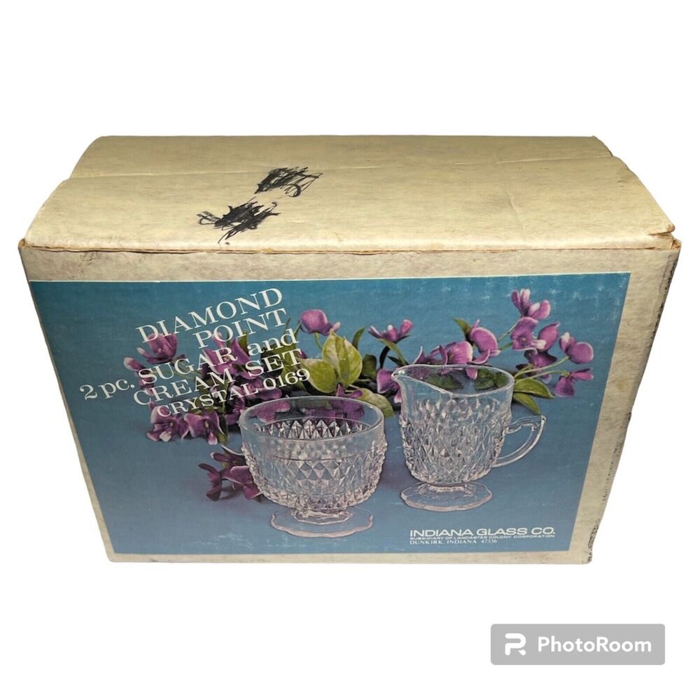 Indiana Glass Crystal 0169 Diamond Point 2 pc Sugar And Cream Set in Box vintage